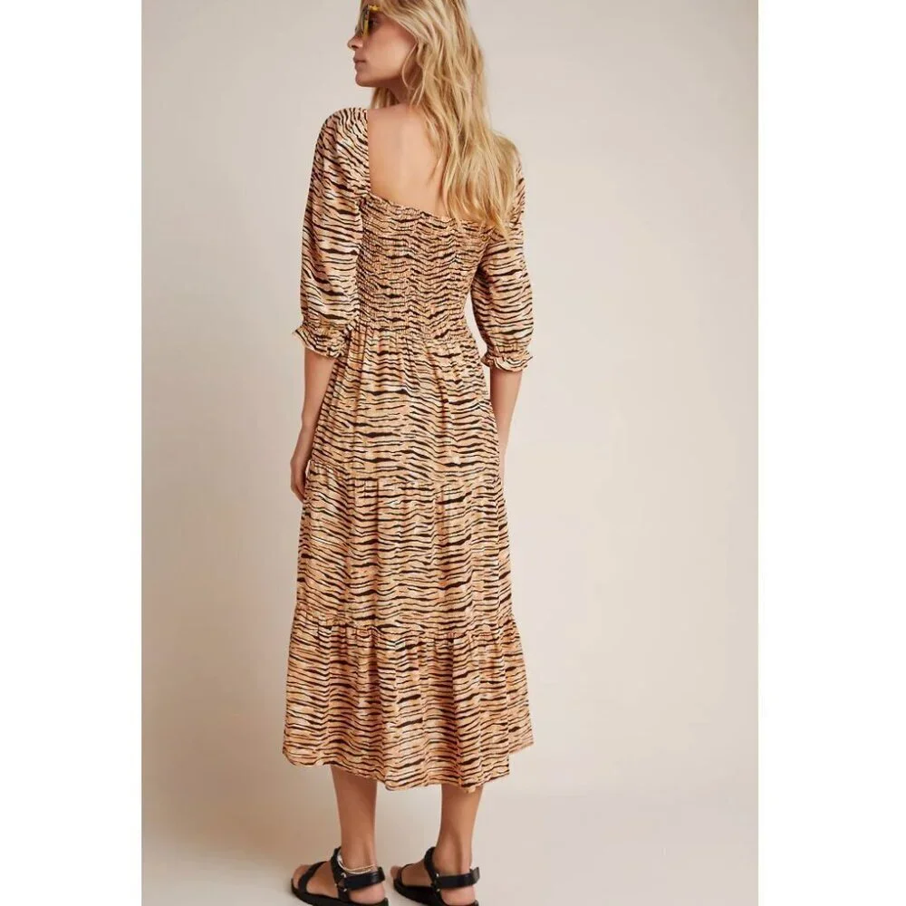 Faithfull the Brand Wyldie Midi Dress Tiger Striped Size 4 or Small Midi Smocked - Picture 2 of 11